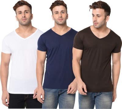 Jangoboy Solid Men V Neck Dark Blue, White, Brown T-Shirt