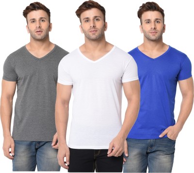 Jangoboy Self Design, Solid Men V Neck White, Blue, Grey T-Shirt