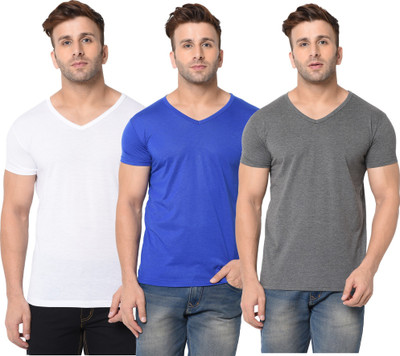 Jangoboy Solid Men V Neck White, Blue, Grey T-Shirt