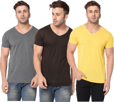 Jangoboy Self Design, Solid Men V Neck Brown, Grey, Yellow T-Shirt