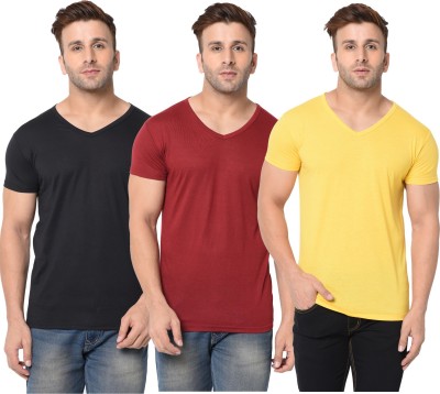 Jangoboy Solid Men V Neck Maroon, Black, Yellow T-Shirt