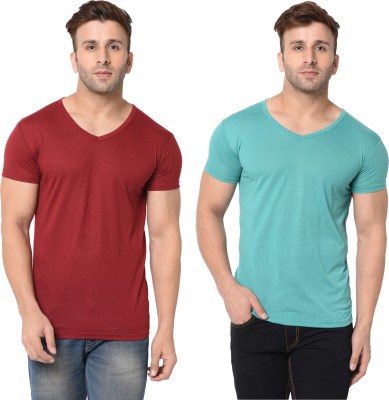 Tivy Solid Men V Neck Maroon, Light Green T-Shirt