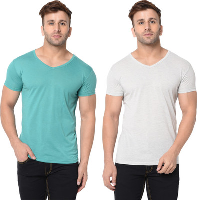 Jangoboy Solid Men V Neck Grey, Light Green T-Shirt