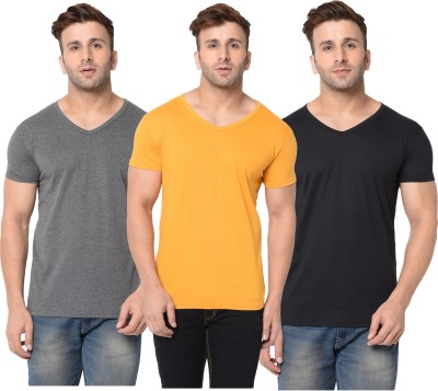 Jangoboy Self Design, Solid Men V Neck Black, Grey, Yellow T-Shirt