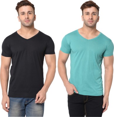 Jangoboy Solid Men V Neck Black, Light Green T-Shirt