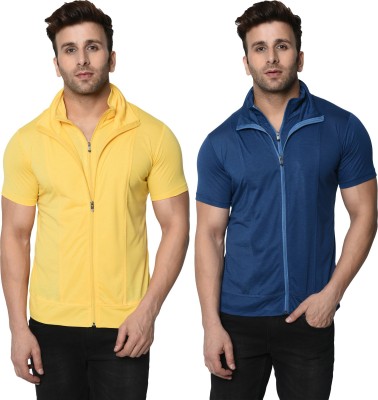 Jangoboy Self Design, Solid Men High Neck Dark Blue, Yellow T-Shirt