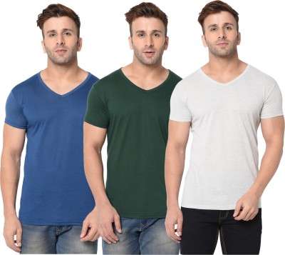 Jangoboy Solid Men V Neck Dark Blue, Dark Green, Grey T-Shirt