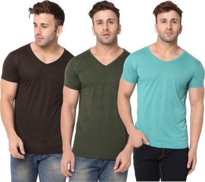 Jangoboy Solid Men V Neck Dark Green, Brown, Light Green T-Shirt