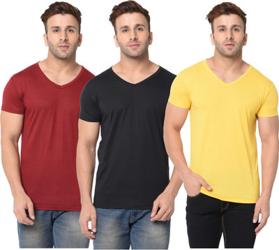 Jangoboy Solid Men V Neck Maroon, Black, Yellow T-Shirt