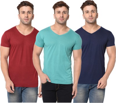 Adorbs Solid Men V Neck Dark Blue, Maroon, Light Green T-Shirt