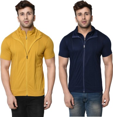 Jangoboy Self Design, Solid Men High Neck Blue, Yellow T-Shirt