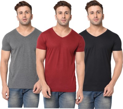 Jangoboy Self Design, Solid Men V Neck Maroon, Black, Grey T-Shirt