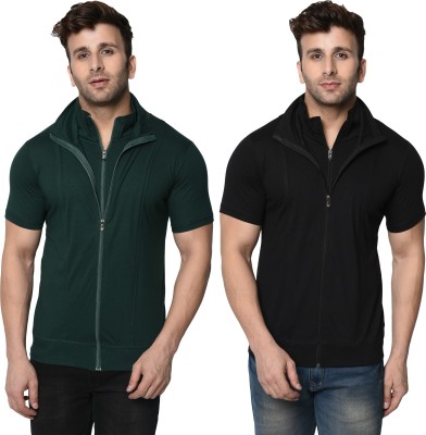 Jangoboy Solid Men Polo Neck Dark Green, Black T-Shirt