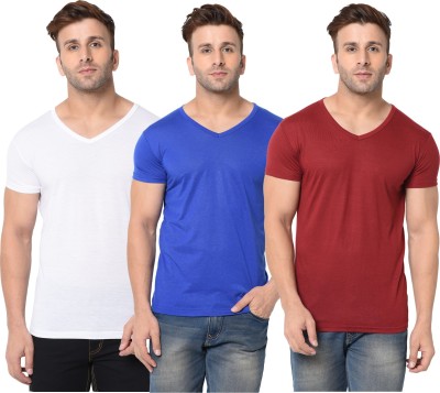 Jangoboy Solid Men V Neck White, Blue, Maroon T-Shirt