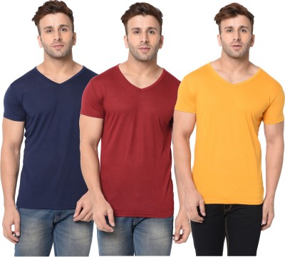 Adorbs Solid Men V Neck Dark Blue, Maroon, Yellow T-Shirt