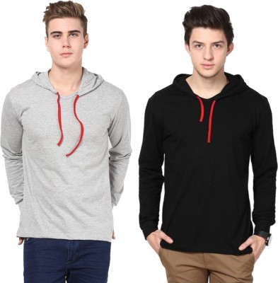 Unite Wear Self Design, Solid Men Hooded Neck Black, Grey T-Shirt