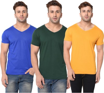 Jangoboy Solid Men V Neck Dark Green, Blue, Yellow T-Shirt