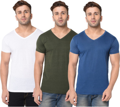 Jangoboy Solid Men V Neck Dark Blue, Dark Green, White T-Shirt
