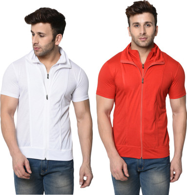 Adorbs Self Design, Solid Men Polo Neck Red, White T-Shirt