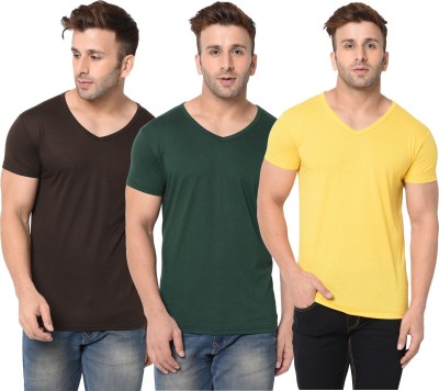 Jangoboy Solid Men V Neck Dark Green, Brown, Yellow T-Shirt