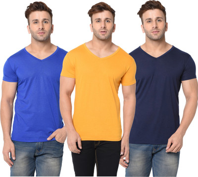 Jangoboy Solid Men V Neck Dark Blue, Blue, Yellow T-Shirt