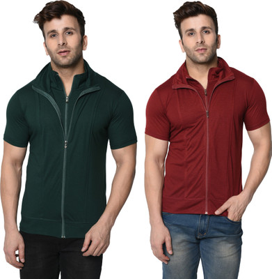 Adorbs Self Design, Solid Men Polo Neck Green, Maroon T-Shirt