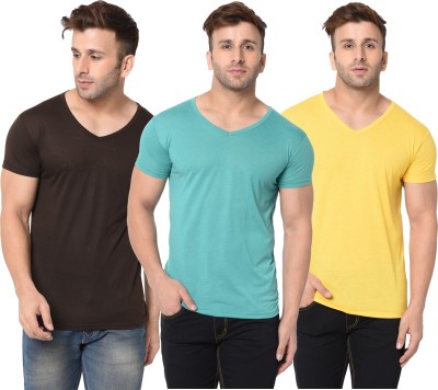 Jangoboy Solid Men V Neck Brown, Light Green, Yellow T-Shirt