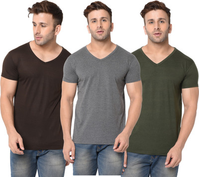 Jangoboy Solid Men V Neck Dark Green, Brown, Grey T-Shirt