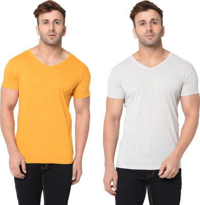 Adorbs Solid Men V Neck Grey, Yellow T-Shirt