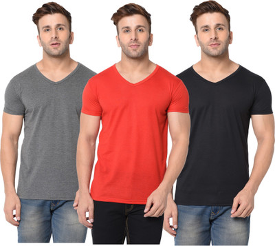 Adorbs Self Design, Solid Men V Neck Red, Black, Grey T-Shirt