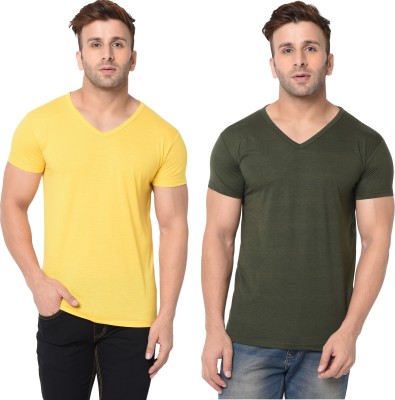 Jangoboy Solid Men V Neck Dark Green, Yellow T-Shirt