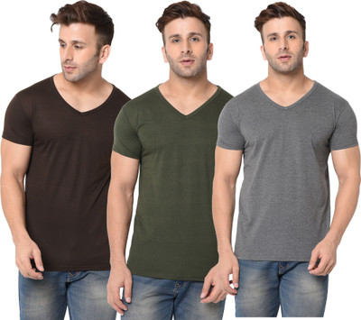 Jangoboy Solid Men V Neck Dark Green, Brown, Grey T-Shirt