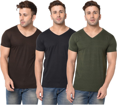 Jangoboy Solid Men V Neck Dark Green, Brown, Black T-Shirt