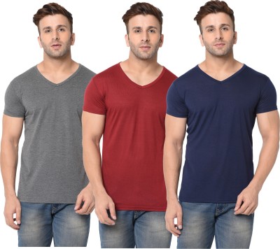 Adorbs Self Design, Solid Men V Neck Dark Blue, Maroon, Grey T-Shirt