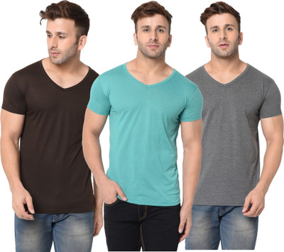 Adorbs Solid Men V Neck Brown, Grey, Light Green T-Shirt