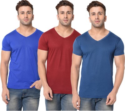 Jangoboy Solid Men V Neck Dark Blue, Blue, Maroon T-Shirt