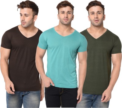 Adorbs Solid Men V Neck Dark Green, Brown, Light Green T-Shirt