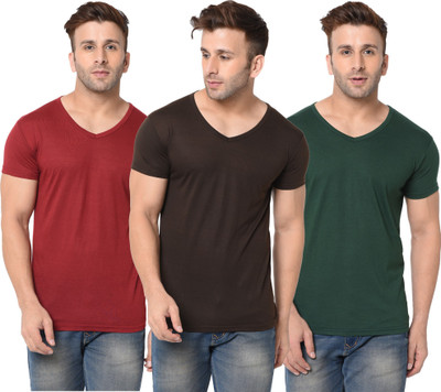 Jangoboy Solid Men V Neck Dark Green, Maroon, Brown T-Shirt