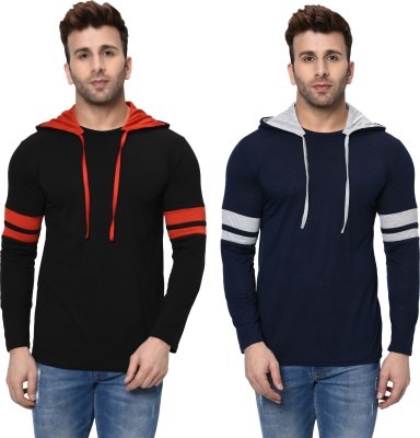 Bribzy Solid Men Hooded Neck Dark Blue, Black T-Shirt