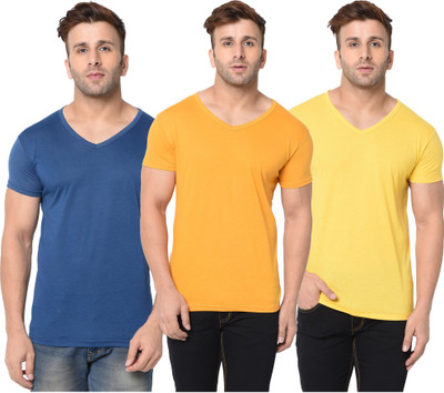 Adorbs Solid Men V Neck Dark Blue, Yellow T-Shirt