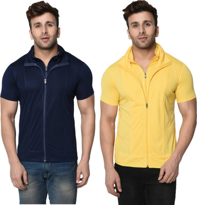 Jangoboy Self Design, Solid Men High Neck Blue, Yellow T-Shirt