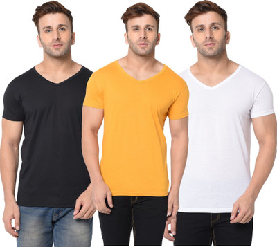 Adorbs Solid Men V Neck White, Black, Yellow T-Shirt