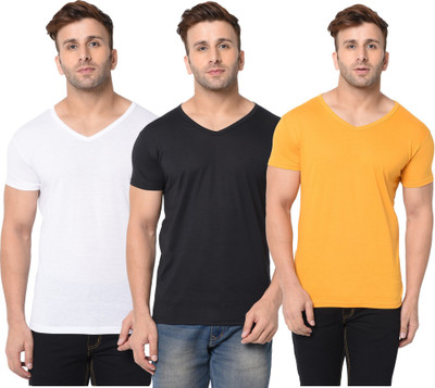 Adorbs Solid Men V Neck White, Black, Yellow T-Shirt