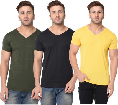 Jangoboy Solid Men V Neck Green, Black, Yellow T-Shirt