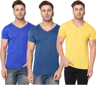Adorbs Solid Men V Neck Dark Blue, Blue, Yellow T-Shirt