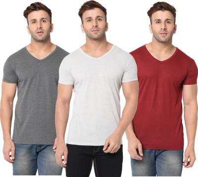 Jangoboy Solid Men V Neck Maroon, Grey T-Shirt