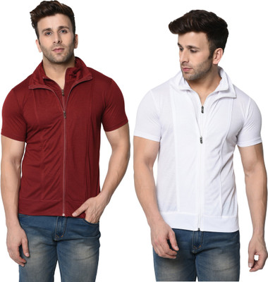 Jangoboy Self Design Men Polo Neck White, Maroon T-Shirt