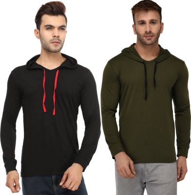 Adorbs Solid Men Hooded Neck Dark Green, Black T-Shirt