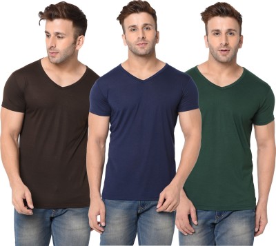 Jangoboy Solid Men V Neck Dark Blue, Dark Green, Brown T-Shirt