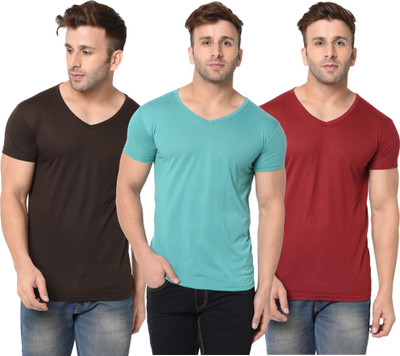 Adorbs Solid Men V Neck Brown, Maroon, Light Green T-Shirt